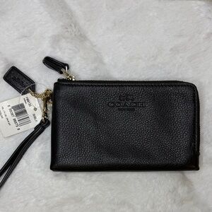 Coach Pebbled Black Doubled Zip Leather Wristlet